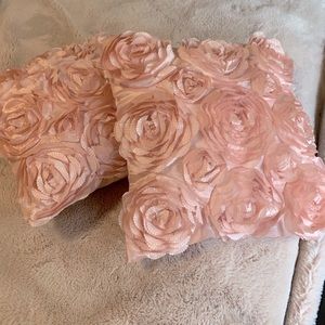 2 Blush Pink Satin Rosette Pillows